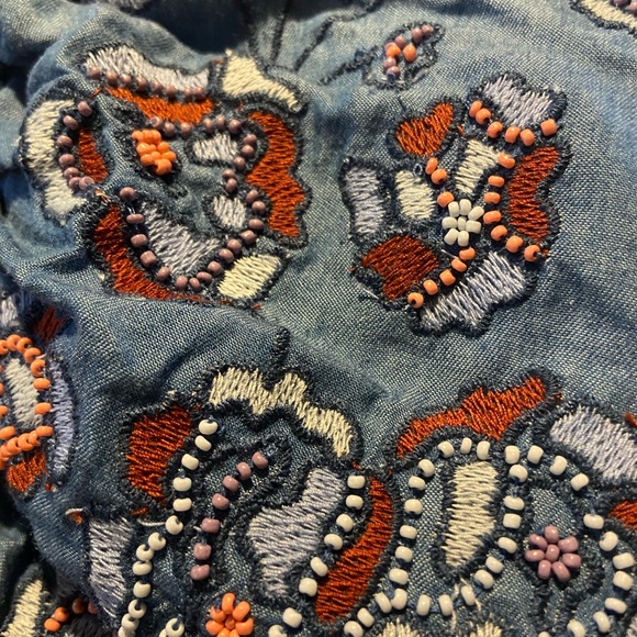 LED Lux Essential Denim maternity one shoulder dress. Embroidered. Sm - Picture 3 of 6